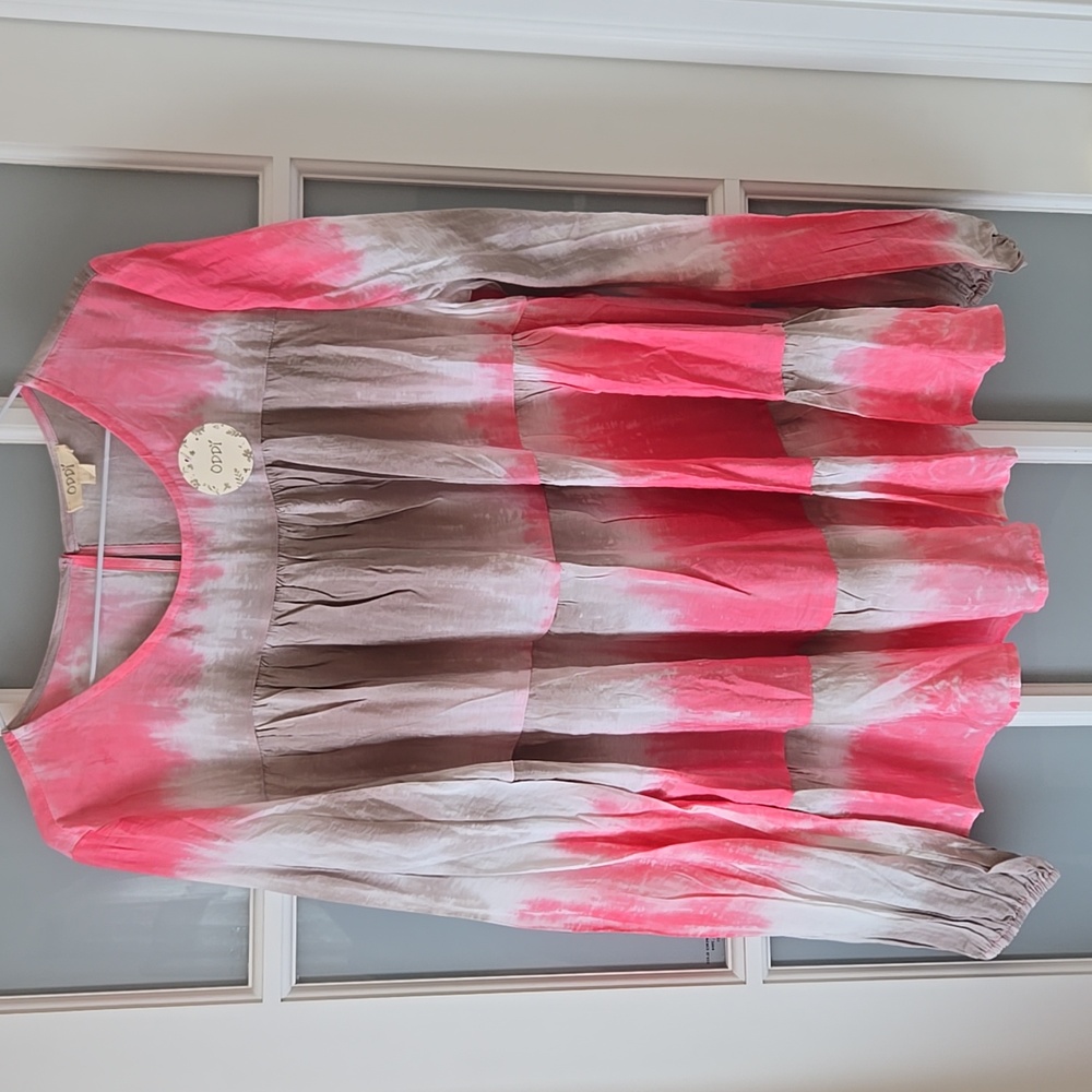 🌺 NWT New ODDY Pink Gray White Tie-dye Gathered Tiered Hippy Fairy Blouse Lg 🌺